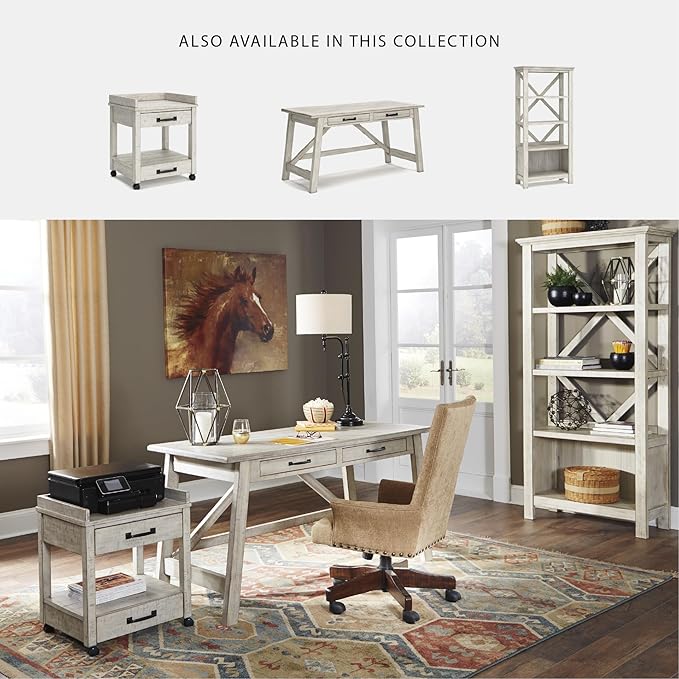 Signature Design by Ashley Carynhurst Farmhouse Large Leg Home Office Desk, 2 Storage Drawers, Vintage Bronze Hardware, Wood, 60.25" Wide, Antique White