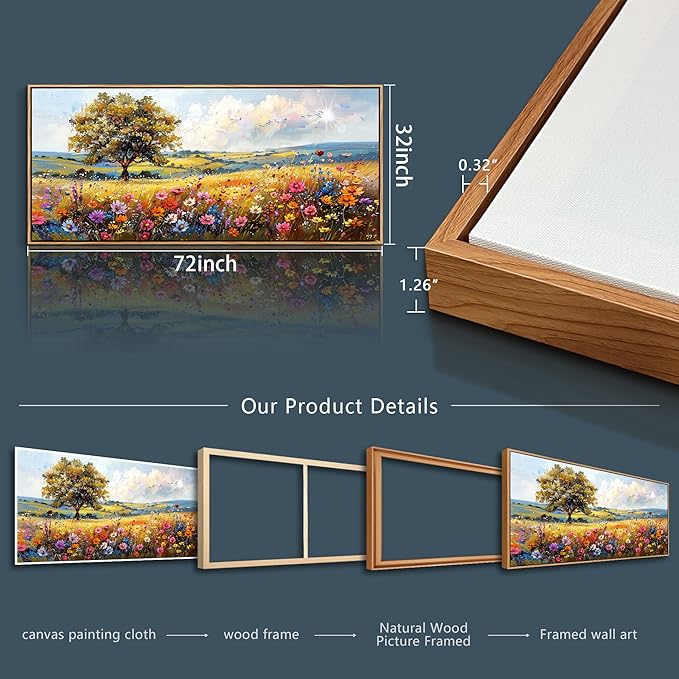 hyidecorart Farmhouse Wall Art For Living Room Pictures For Bedroom Wall Decor Natural Scenery Wall Painting Office Artwork Colorful Flowers And Trees Canvas Prints Hanging Decor Wood Framed 72x32