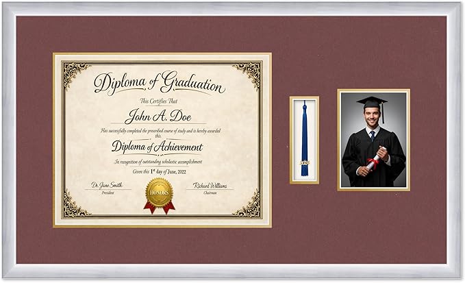 Diploma Tassel and Photo Frame Stainless Silver Shadowbox Dark Red Over Gold Mat - Fits 15 x 12 Degree Picture Made in the USA