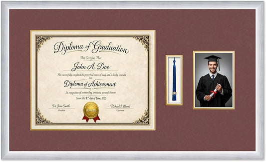 Diploma Tassel and Photo Frame Stainless Silver Shadowbox Dark Red Over Gold Mat - Fits 15 x 12 Degree Picture Made in the USA
