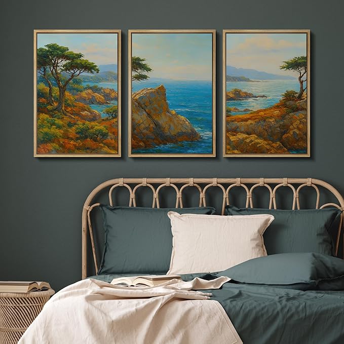 SIGNFORD Framed Wall Art Print Set Bright Coastal Cliffs and Ocean View Vibrant Seascape Digital Art Modern Art Contemporary for Living Room, Bedroom, Office - 16"x24"x3 Natural