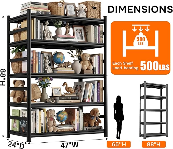 47''Wx88''H Book Shelf, Screwless 5-Tier Installation Metal Bookshelves, Heavy Duty Steel Bookcases, Adjustable Tall Industrial Bookshelf for Living Room, Bedroom and Library, Black