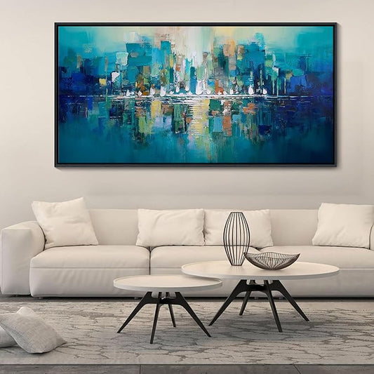 YDYSUNE Teal and White Abstract City Wall Art - Large Framed Canvas Painting, Contemporary Modern Wall Decor Picture & Artwork for Living Room, Office, Bedroom, Ready to Hang Size 29x58 Inch