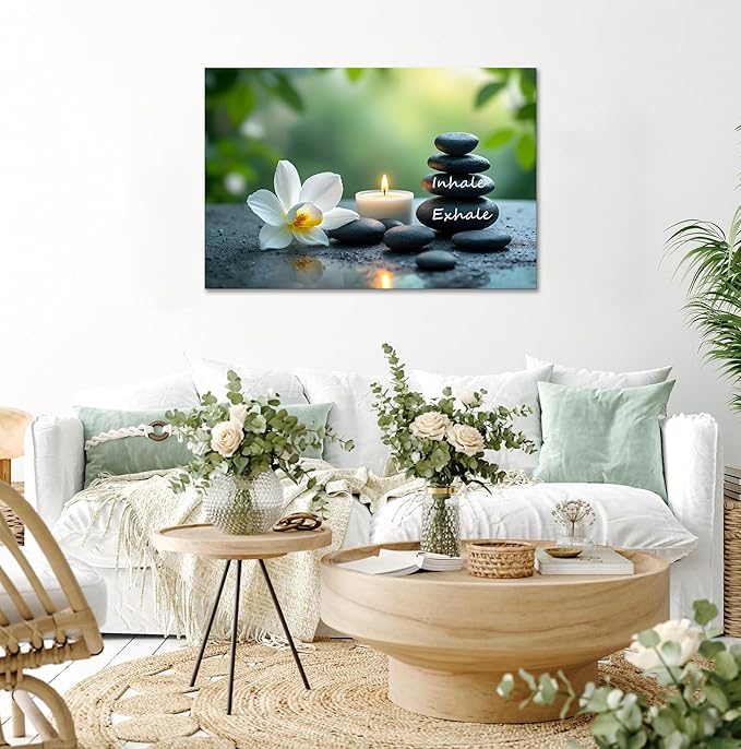 YIOZHAOFH Louts Wall Art Yoga Room Painting Zen Office Decor Women Spa Picture Calming Relax Canvas Prints Inhale Exhale Artwork Framed for Living Room Ready to Hang (12L" x 16W")