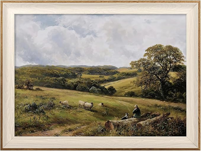 ASTRDECOR Framed Vintage Wall Decor, Vintage Green Nature Canvas Wall Art Prints Bedroom, Sheep Shepherd Landscape Oil Painting Mountain Wall Art Living Room, Rustic Farmhouse Decor for Dining Room -12''x16''