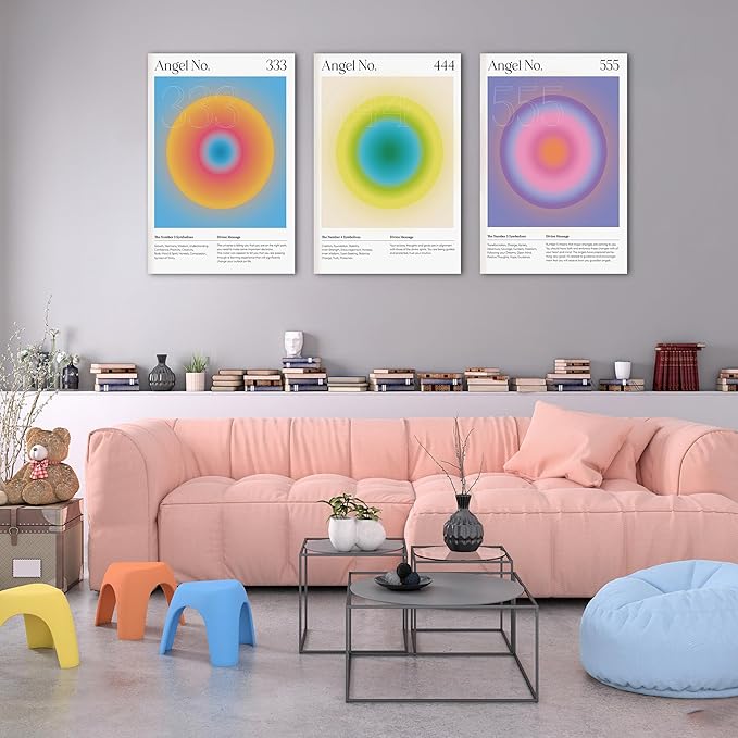 Colorful Gradient Aura Angel Numbers Poster Canvas Print Artwork Room Decor for Bedroom Aesthetic, 3 Piece Framed Inspirational Minimalist Art Paintings Decor for Bedroom Office 20"x30" x 3 Pcs