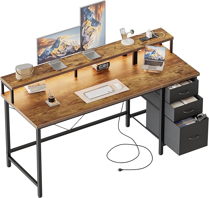 Mericonia Computer Desk 55 inch with Power Outlets & LED Lights, Gaming Desk with 3 Drawers for Home Office, Small Desk with Monitor Stand for Small Spaces, Study Writing Desk