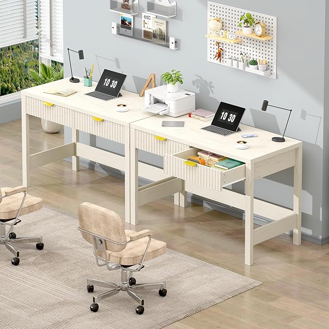 Fluted Computer Desk with 2 Drawers, 39 Inch Small Computer Desk with Storage, Compact Writing Study Vanity Desk for Small Spaces, White