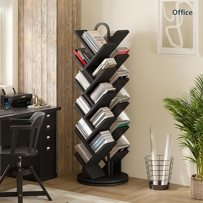 TVU 20-Tier Tree Rotating Bookshelf, 360 Degree Spinning Standing Bookcase for Magazines DVDs Books, Corner Bookcase for Living Room Bedroom Study, Black