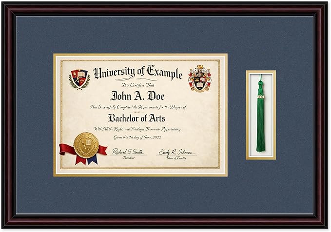 Diploma and Tassel Frame Fits 11.69 x 8.27 A4 Certificate with Tassel Executive Brown Genuine Hardwood Shadowbox with Navy Blue Over Metallic Gold Double mat