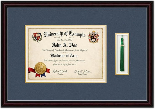Diploma and Tassel Frame Fits 11.69 x 8.27 A4 Certificate with Tassel Executive Brown Genuine Hardwood Shadowbox with Navy Blue Over Metallic Gold Double mat