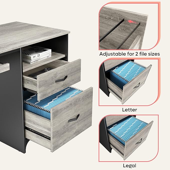 Bestier Office Desk with Drawers, 55 inch Industrial Computer Desk with Storage, Wood Teacher Desk with Keyboard Tray & File Drawer for Home Office, Light Gray Oak