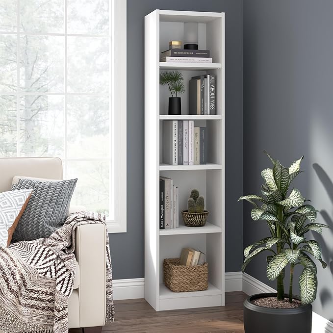Bush Home Universal 17W Narrow 5 Shelf Bookcase in White, Tall Skinny Bookshelf for Home Office Storage or Living Room Organization