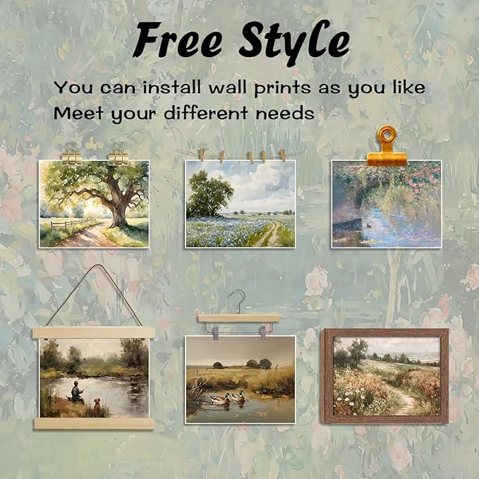 SEHSUVC Vintage Country Classic Oil Wall Art Set of 9, Flowers Tree Farmhouse Style Canvas Posters Wall Decor, Cute Sleeping Cat Nature Plant Prints for Bedroom Bathroom Home Decor Gifts 8x10inch Unframed