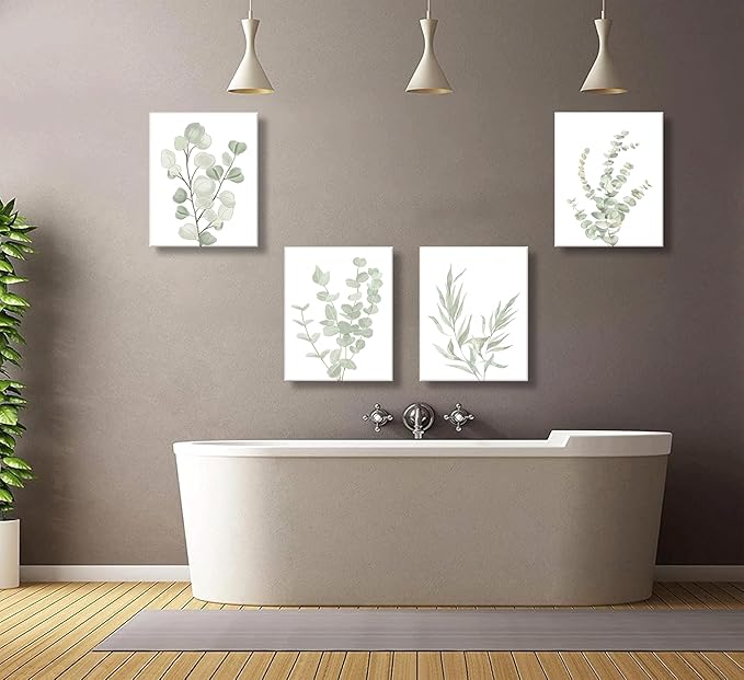 4pcs Sage Green Boho Wall Art Eucalyptus Posters Green plants Canvas Minimalist Plant Painting Modern Farmhouse prints Flower Leaves Prints Wall Decor framed