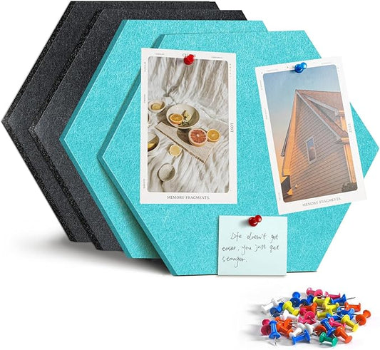 4 Pack Hexagon Felt Bulletin Board Tiles - 11.8" Large Thick Pin Board for Walls with 30 Push Pins, DIY Boards for Office Home School Decor, Aesthetic Hex Cork Board Alternative