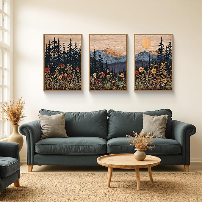 HOURIA Mid Century Woodland Mountain Framed Canvas Wall Art Set,Vintage Natural Sunset Wildflower Forest Field Decor,Wilderness Boho Floral Pine Tree Landscape Artwork for Living Room,Office-16"x24"x3