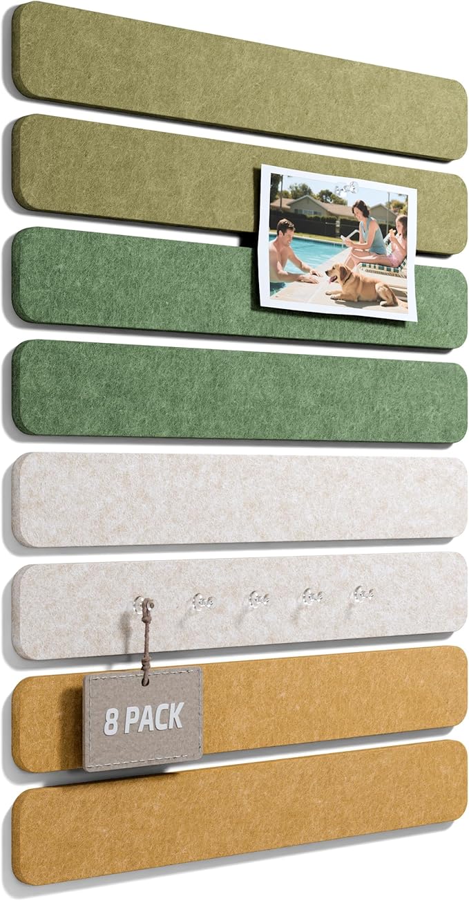 Cork Board Alternative Felt Strip Board 8-Pack 13"x2", Office Pin Board with 50 Push Pins, Adhesive Install for Bedroom Door & Home Office(Olive Grove)