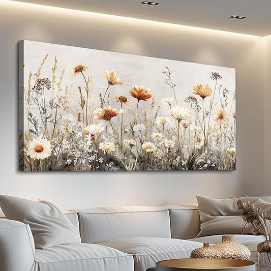 QIYILEXWART Canvas Wall Art For Living Room Wall Decor For Bedroom Office Wall Decoration Neutral Wildflower Landscape Painting Farmhouse Pictures Artwork Room Aesthetic Home Decor 20x40 In