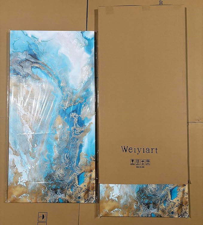 Blue Abstract Canvas Wall Art for Living Room, Navy and Gold Fluid Marble Picture Prints, Modern Painting Artwork for Bedroom, Bathroom, Office, Home Decor 20x40 Inch