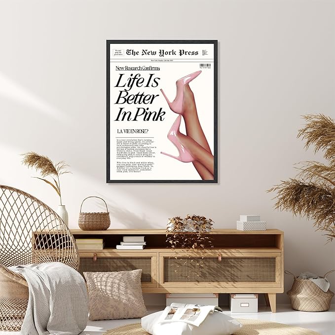 Trendy Baby Pink Hot Girl Poster Life Is Better In Pink Newspaper Wall Art Retro High Heel Picture 70s News Headline Canvas Prints Aesthetic Decor for Girly Bedroom Dorm 24x36inch Black Framed
