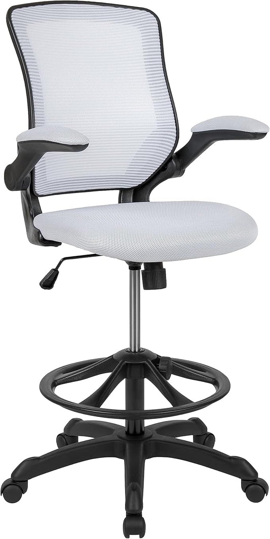 Flash Furniture Kale Mid-Back White Mesh Ergonomic Drafting Chair | Adjustable Foot Ring, Flip-Up Arms