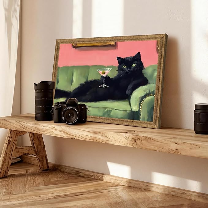 Fantasy Artists Humorous Black Cat Character Wall Art – Relaxed Anthropomorphic Illustration with Playful Attitude, Framed Canvas for Living Room, Office or Creative Space, 16W X 24H
