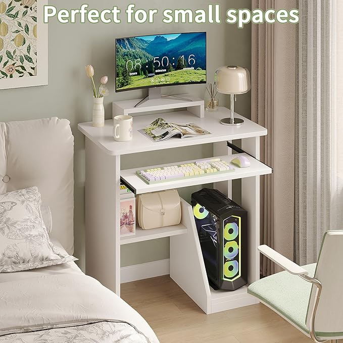 30" Small Computer Desk with Keyboard Tray Monitor Stand, Study Writing Desk with Storage Shelves, Modern Workstation for Small Spaces, Save Space, White