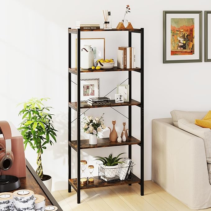 Giantex 5-Tier Industrial Bookshelf, 63.5" Tall Open Storage Organizer Shelves with Anti-Tipping Device and Foot Pads, Steel Frame Bookcase Display Rack for Living Room, Bedroom, Office, Brown