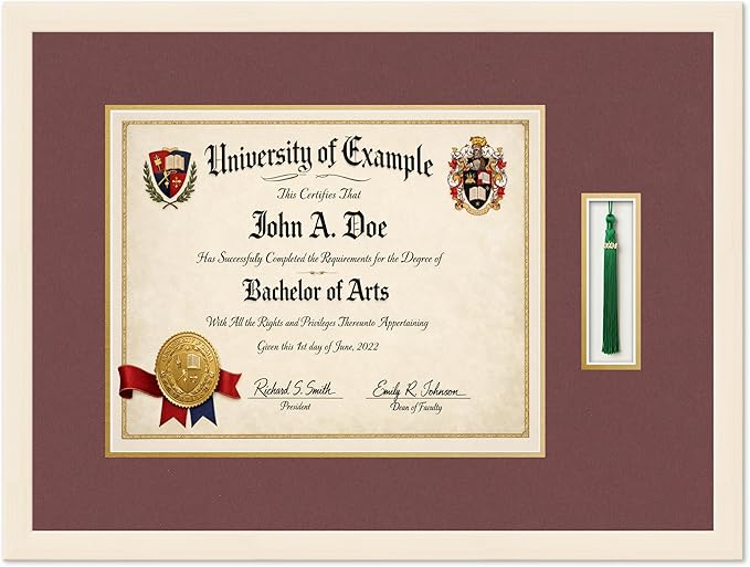 Diploma and Tassel Frame Fits 15 x 12 Military/Government with Tassel H Coastal Whitewash Genuine Hardwood Shadowbox with Dark Red Over Metallic Gold Double mat