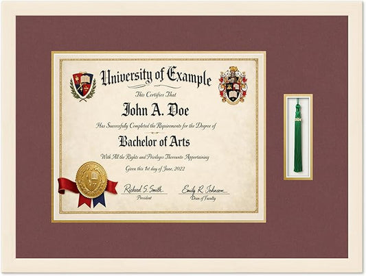 Diploma and Tassel Frame Fits 15 x 12 Military/Government with Tassel H Coastal Whitewash Genuine Hardwood Shadowbox with Dark Red Over Metallic Gold Double mat