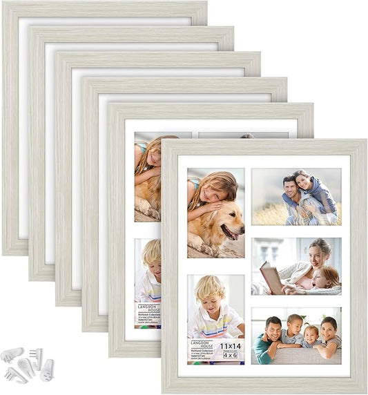 Langdon House 11x14 Collage Picture Frames w/Mat for 5-4x6 Photos (Almond White, 6 Pack) Woodgrain Style, Wall Mount Only, Richland Collection