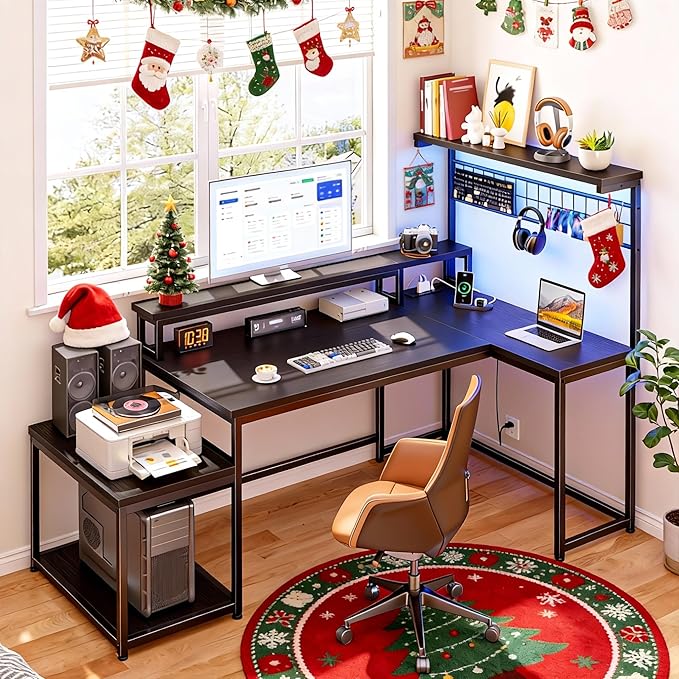 56" L Shaped Gaming Desk with LED Lights & Power Outlets, Computer Desk with Shelves & Hooks & Monitor Stand and Printer Space for Home Office, Corner Desk of Study Room, Bedroom, Black