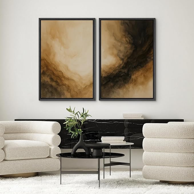 SIGNWIN Framed Canvas Print Wall Art Set Golden Brown Abstract Cloudscape Dramatic Modern Landscape Illustrations Modern Art Decorative Multicolor for Living Room, Bedroom, Office - 24"x36"x2 Black