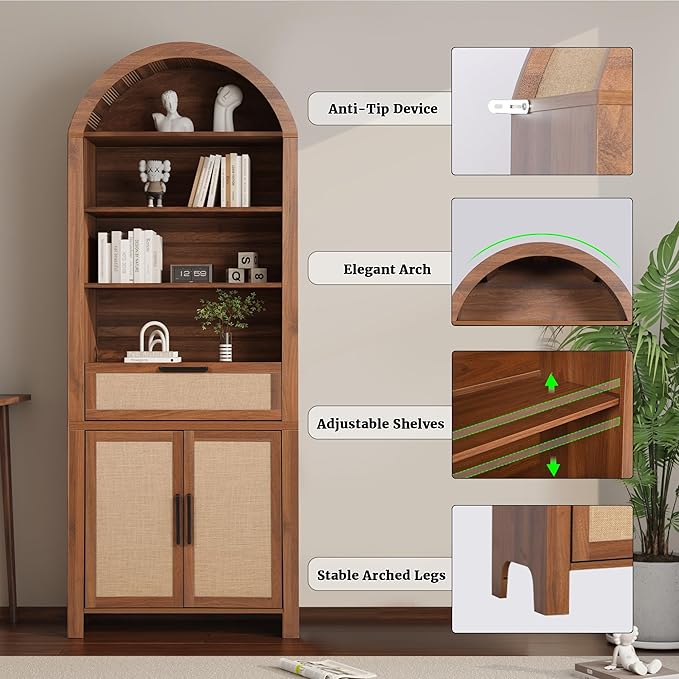 79" Tall Arched Bookcase with Storage, Mid Century Modern 6-Tier Cabinet with Door and Drawer, Arched Bookshelf with Open Display Shelf for Office Living Room(Walnut, 79inch-Doors)