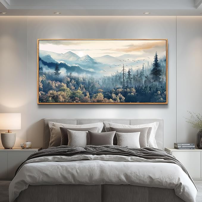 MHARTK66 Foggy Forest Trees Landscape Wall Painting - Large Art for Living Room, Bedroom, Office - Wood Framed Decor Canvas Prints Ready to Hang