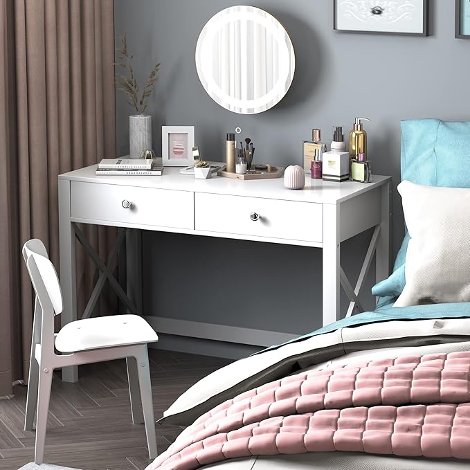 WiberWi Home Office Desk with Drawers White Modern Writing Computer Desk, Small Makeup Vanity Table for Bedroom, Study Table for Home Office