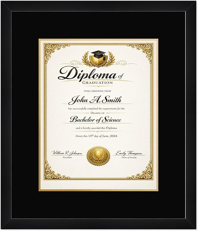 CountryArtHouse Diploma Frame Fits 11 x 14 College Diploma (Portrait) - Keepsake Graduation Display Matte Black Genuine Hardwood with Black Over Metallic Gold Double mat