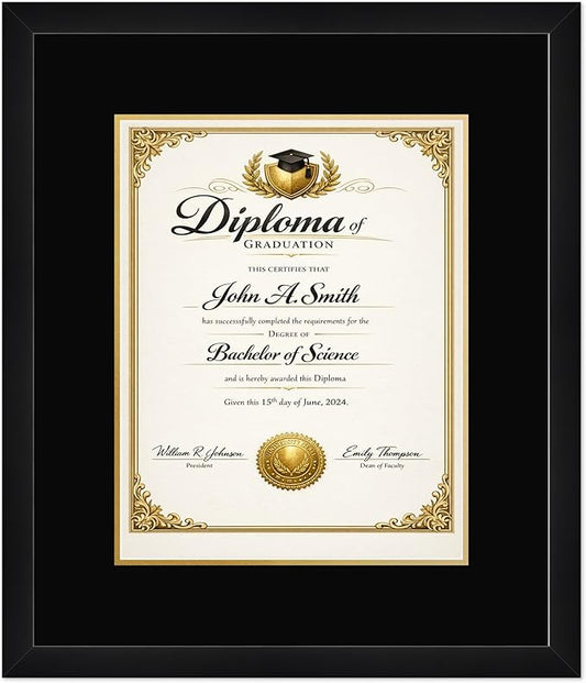CountryArtHouse Diploma Frame Fits 11 x 14 College Diploma (Portrait) - Keepsake Graduation Display Matte Black Genuine Hardwood with Black Over Metallic Gold Double mat