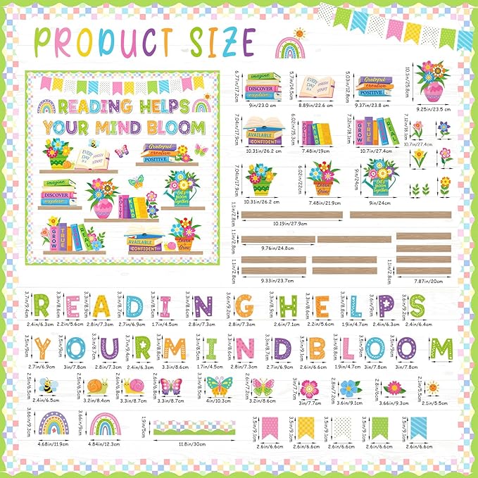 Pasimy Spring Reading Bulletin Board Set, Flower Plant Bookshelf Classroom Decorations Read Themed Paper Cutouts Words of Wisdom Bulletin Board Decor for Elementary School Library Chalkboard Wall