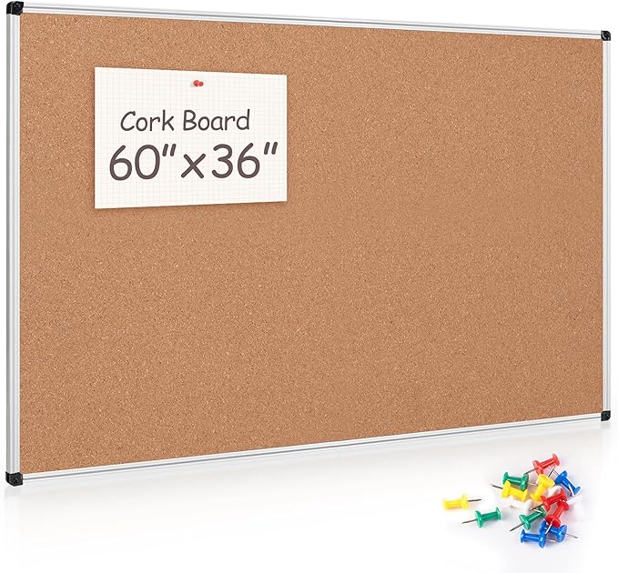 Board2by Large Cork Bulletin Board 60" X 36", Silver Aluminum Framed Corkboard for Wall, Wall Mounted Notice Pin Board with Push Pins for School, Home & Office - 5' x3' Corkboard