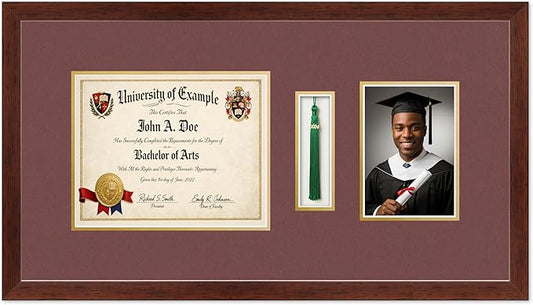 CountryArtHouse Diploma Tassel and Photo Shadowbox Fits 10 x 8 Professional License with Tassel Hook a Rustic Walnut Genuine Hardwood with Dark Red Over Metallic Gold Double mat