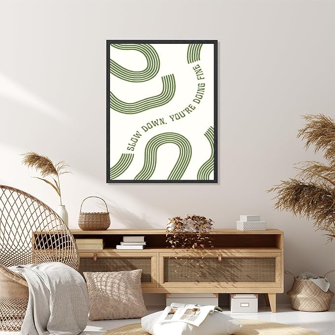 Slow Down You’re Doing Fine Wall Art Retro Minimalist Motivational Quote Music Poster Inspirational Midcentury Song Lyrics Sage Green Canvas Prints for Bedroom Home Decor 8x12inch Black Framed