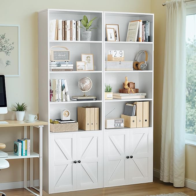 YESHOMY 71.5" Tall Bookshelf and Bookcase, Industrial Bookshelves and Bookcases with Doors, 4-Tier Floor Standing Tall Display Storage Cabinet with Doors for Home Office, Living Room, White, 2 PCS