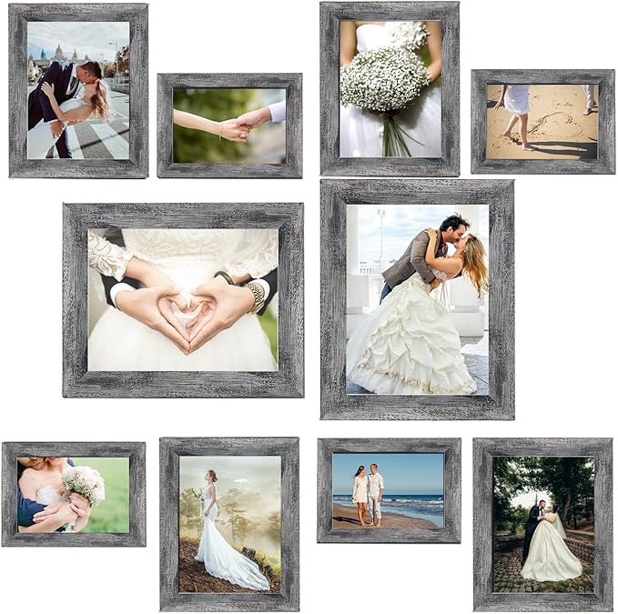 Picture Frame Set 10 pack, Farmhouse Photo Frames, Gallery Wall Frame Collage, 8x10 5x7 4x6 Frames in 3 Different Finishes Picture Frames For Wall or Desk,Rustic Black