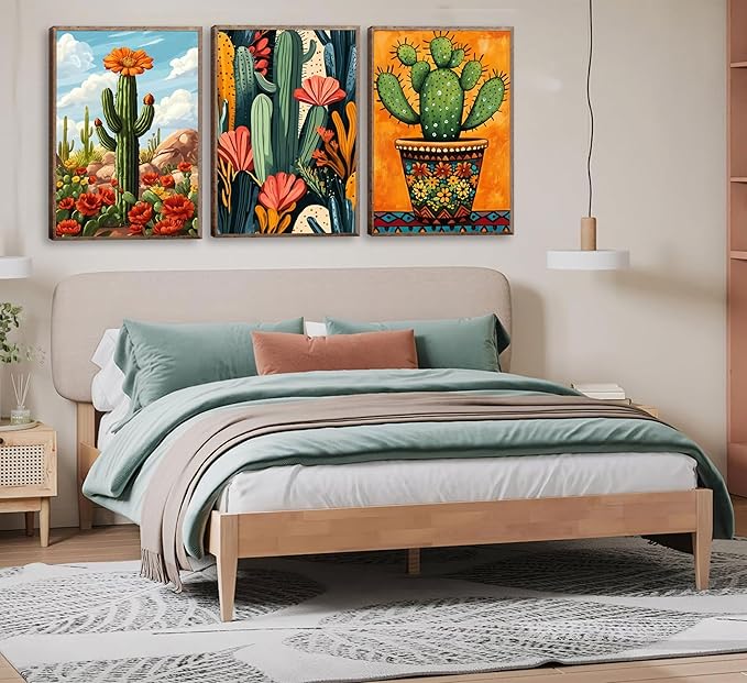 3pcs Framed Mexican Cactus Canvas Wall Art Vintage Desert Floral Posters Boho Southwestern Botanical Pictures Cactus in the desert Wall Decor Paintings Southwestern Potted Plants Prints Wooden framed