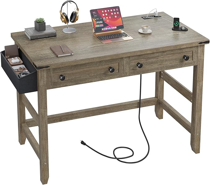 EnHomee 40" Small Desk with Power Outlets, Computer Desk with Drawers for Bedroom and Home Office, Writing Desk with Drawers and a Side Pocket, Vanity Desks for Bedroom, Dark Rustic Oak