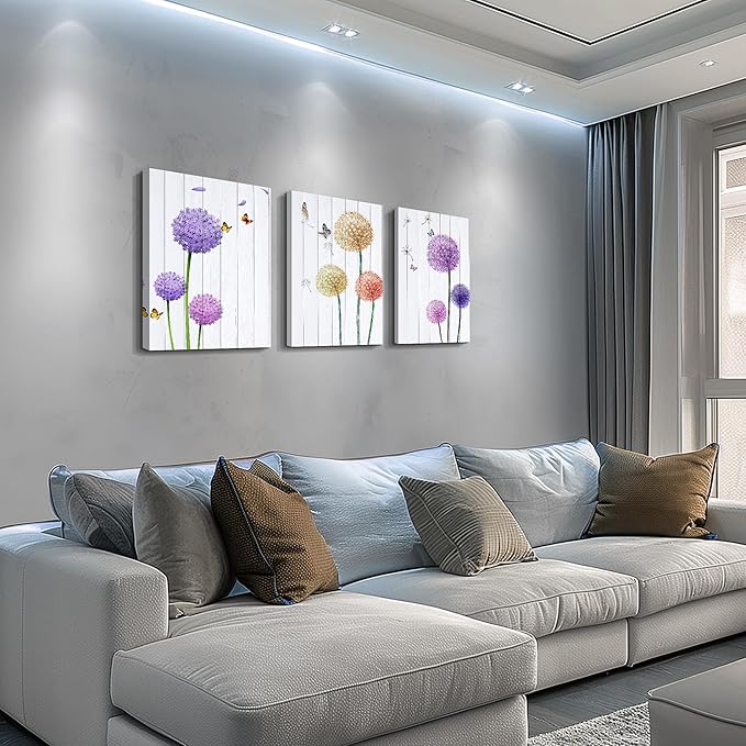 MHARTK66 Wall Art for Bedroom Wall Art Set of 3, Minimalist Wall Art Colorful Dandelion Canvas Artwork Paintings, Abstract Botanical Pictures for Modern Farmhouse Kitchen Bathroom Office,12"x16"