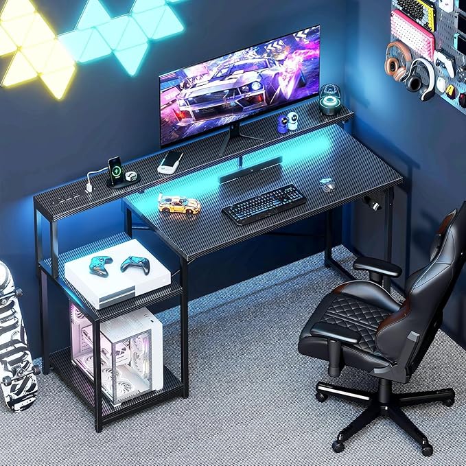 AODK Computer Desk, 56 Inch Gaming Desk with Led Lights & Power Outlet, Office Desk with Storage Shelves, Reversible Desk with Monitor Shelf & Headphone Hook, Carbon Fiber Black