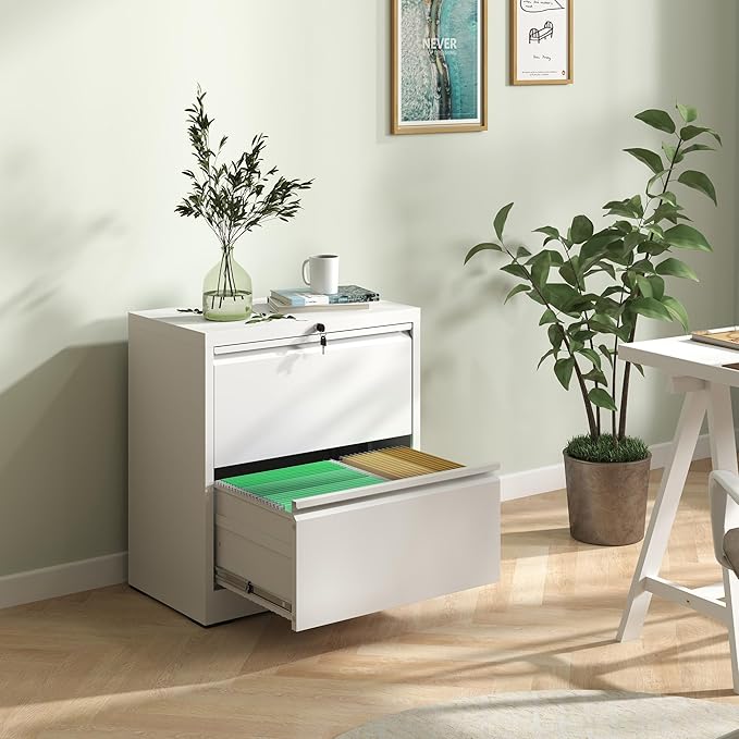 2 Drawer File Cabinet,Metal Lateral Filing Cabinet with Lock,Home Office Storage Organizer Cabinet for Legal/Letter/A4/F4 Size Files,26.8" W,White